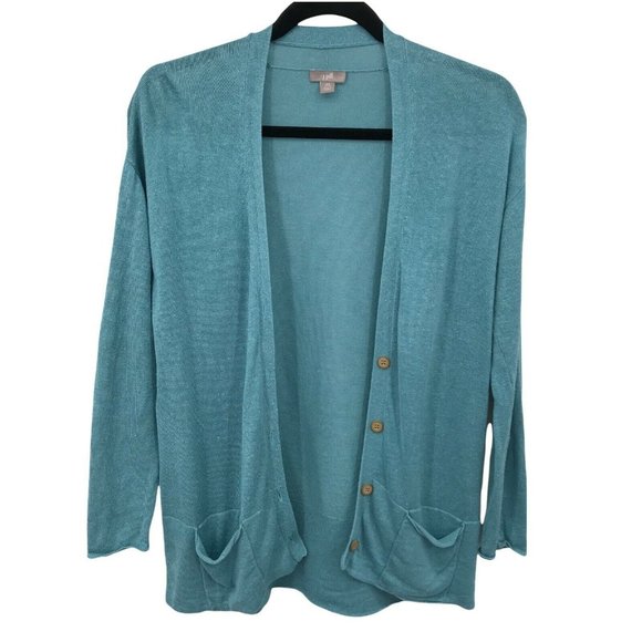 J. Jill Women Long Sleeve Linen Blend Casual Teal Blue Cardigan Sweater Size PXS - Picture 1 of 8